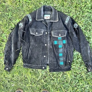 Adler Leather Coat Mens Black Turquoise Aztec Tribal Fringe Suede Biker Large - Picture 1 of 11