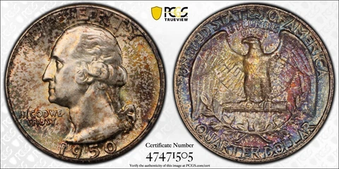 1950 25C MS66 Toned Washington Silver Quarter - PCGS Gold Shield - Lovely Toning Cover