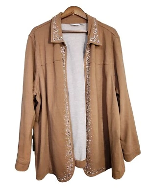 Quacker Factory Tan Full Zip Collared Jacket Rhinestones Pockets Plus 1X or 2X - Image 1 of 4
