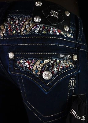 108 美元扣 Miss Me Jean "皮革插入水钻襟翼 Yoke" 紧身 28 X 32 — 第 1/4 张图片