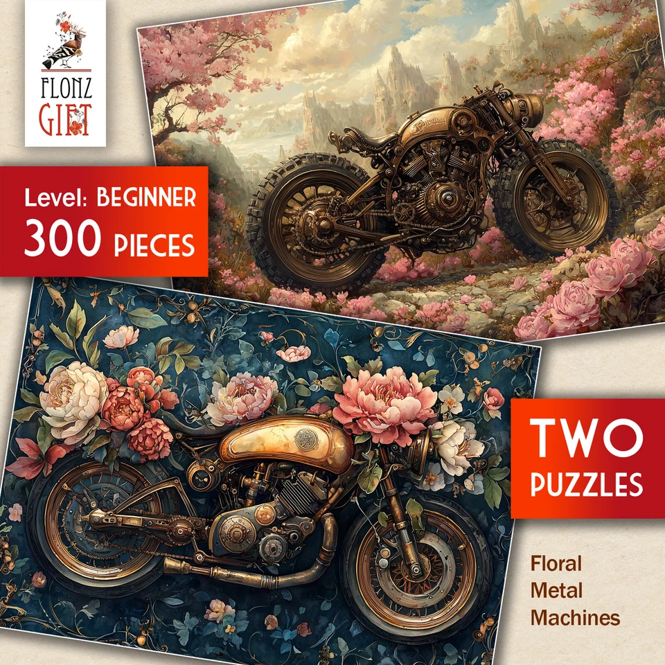 2 x JIGSAW PUZZLES 300pc ~ Floral Metal Machines - ornate motorcycles FG2075 - Image 1 of 4