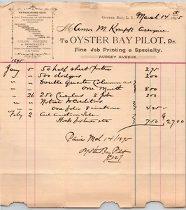 Oyster Bay LI NY Billhead Briefkopf 1895 Oyster Bay Pilot Fine Job Printing  - Bild 1 von 2