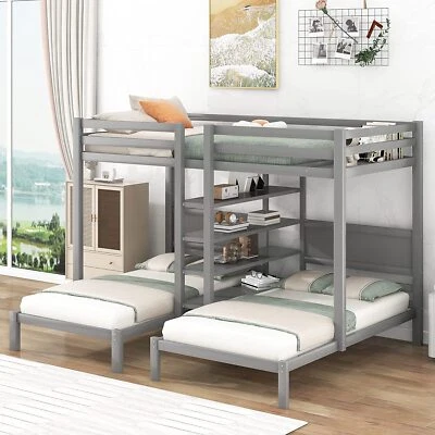 Solid Wood Triple Bunk Bed w/ Bookshelves Platform Bed Frames Guest Bed Sofa Bed - Image 1 of 4