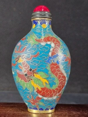 Botella de tabaco Cloisonne china con patrón de dos dragones hecha a mano Foto 1 de 4
