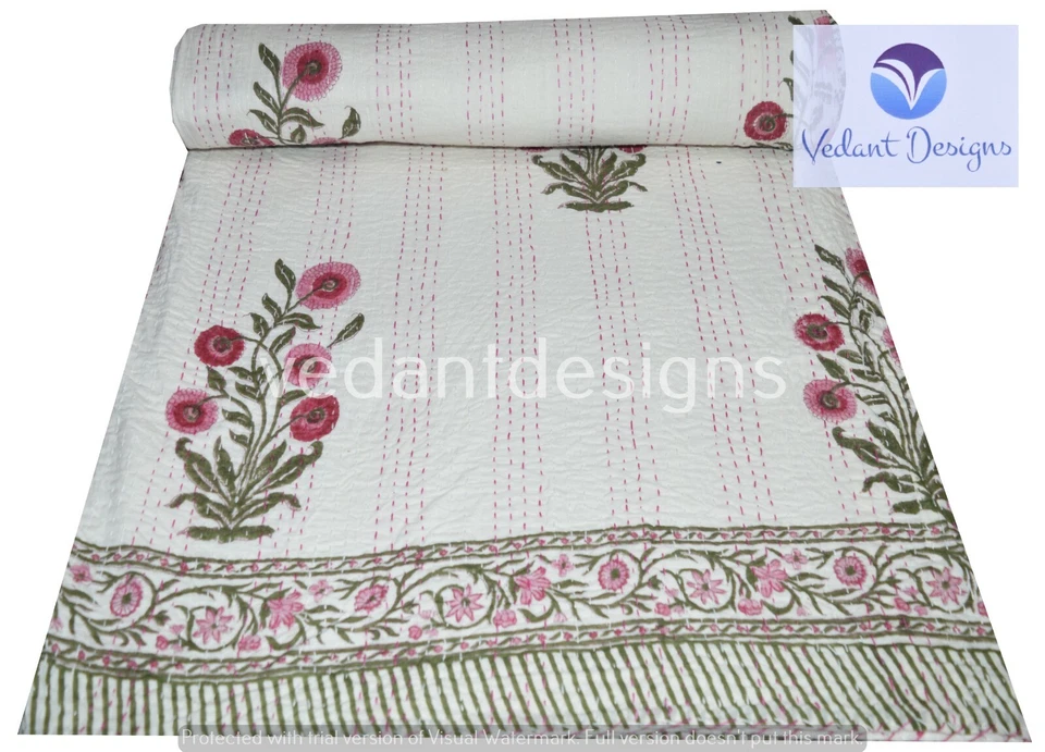 Colchas dobles hechas a mano con estampado de bloques Kantha blancas Gudri Throw Ralli Foto 1 de 4