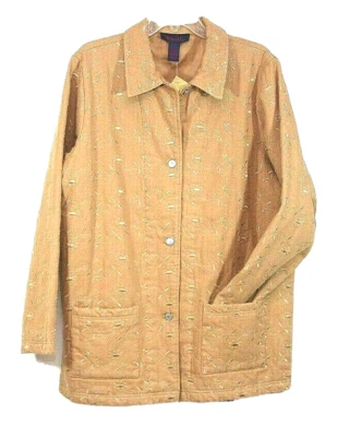 Chaqueta de Granero Denim & Co L Beige Bordada Algodón Forrada Aislada Floral Informal Foto 1 de 4