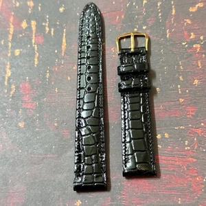 Correa de reloj vintage de 18 mm de la década de 1950 NOS patrón de cocodrilo negro brillante profundo en cuero de becerro - Imagen 1 de 4