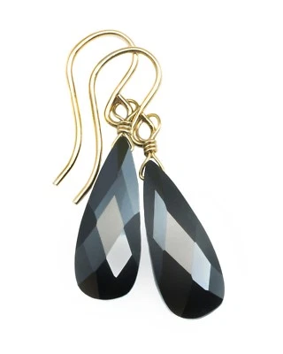 14k Gold Cubic Zirconia Earrings Black CZ Sterling Long Faceted Dangle Drops - Image 1 of 4