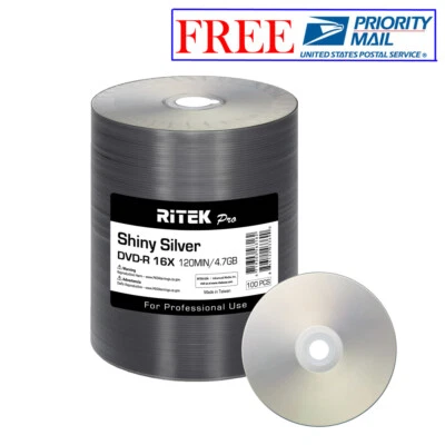 100 Pack Ritek Pro DVD-R 16X 4.7GB Shiny Silver Lacquer Blank Recordable Disc - Image 1 of 4