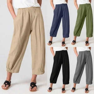 Women Cotton Linen Summer Casual Harem Pants Cropped Loose Plain Long Trousers - Picture 1 of 21