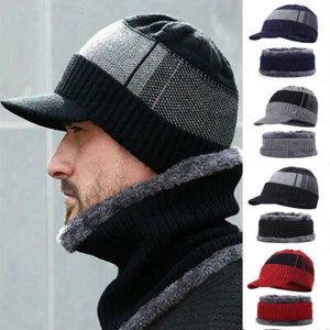 Men Winter Warm Hat Knit Visor Beanie Fleece Lined Billed Beanie with Brim Cap - Foto 1 di 12