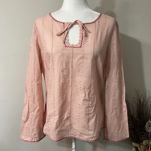 Xhilaration Women Blouse Top Dusty Pink Sz L Long Sleeve Tie Front Embroidered - Picture 1 of 11
