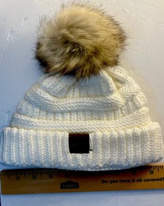 Girls Winter Hat C.C. White Knit Beanie Faux Fur Pom Used Excellent - Picture 1 of 6
