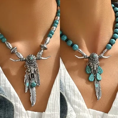 Native Bull Skull Necklace Western Steer Jewelry Faux-Turquoise Pendant - Image 1 of 3