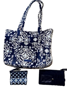 Vera Bradley Glenna Satchel BLUE STEEL MEDALLION Purse Bag Tote With Coin Purse - Picture 1 of 9