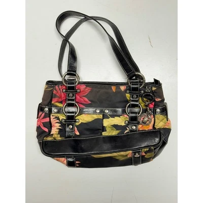 Bolsa tote feminina Tommy Bahama floral acabamento em couro preto ferragem prata - Imagem 1 de 4