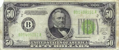 1934 $50 Small Size Federal Reserve Note, Light Green Seal 2102-B - Image 1 of 2