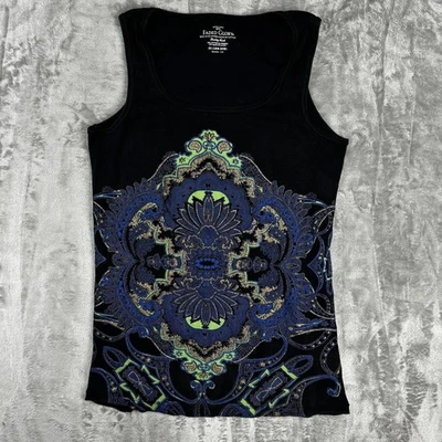 Camiseta sin mangas Faded Glory para mujer 2X negra azul estampado metálico acanalada elástica Foto 1 de 4