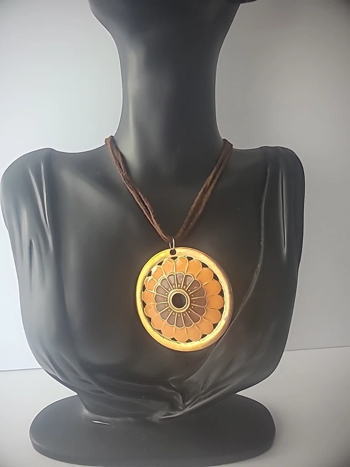Vintage Necklace Faux Leather Brown Pendant Gold Tone Orange Brown Jewelry - Image 1 of 4