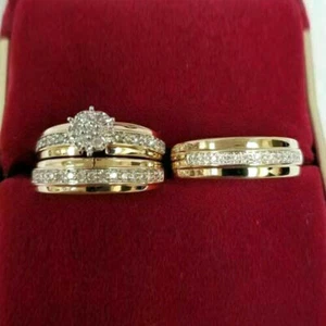 14K Yellow Gold Over His &Hers Simulated Diamond Engagement Bridal Trio Ring Set - Picture 1 of 2