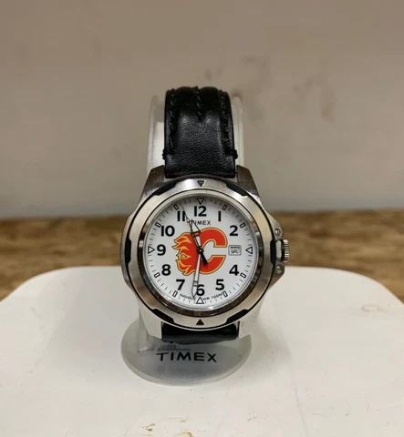 Timex Calgary Flames Collectible Watch | NHL Indiglo Movement Leather Strap SS Cover