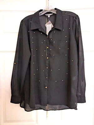 NY Collection Black Sheer Shirt Womens L (M?) Rhinestone Embellished Long Sleeve - Image 1 of 4