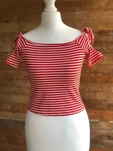 LFT Lefties EUR S Women’s Red & White Striped Crop Top Cold Shoulder with Tie - Picture 1 of 11