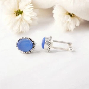 925 Sterling Silver Dark Blue Cat's Eye Gemstone Jewelry Vintage Cufflinks 0.6" - Picture 1 of 6