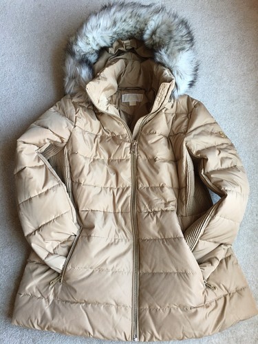 Michael Kors giacca cappotto donna con cappuccio pelliccia sintetica XL cammello