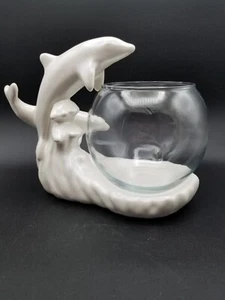 Haeger Pottery White Pearlescent Dolphins Sculpture With Glass Bowl 2000 - Picture 1 of 11