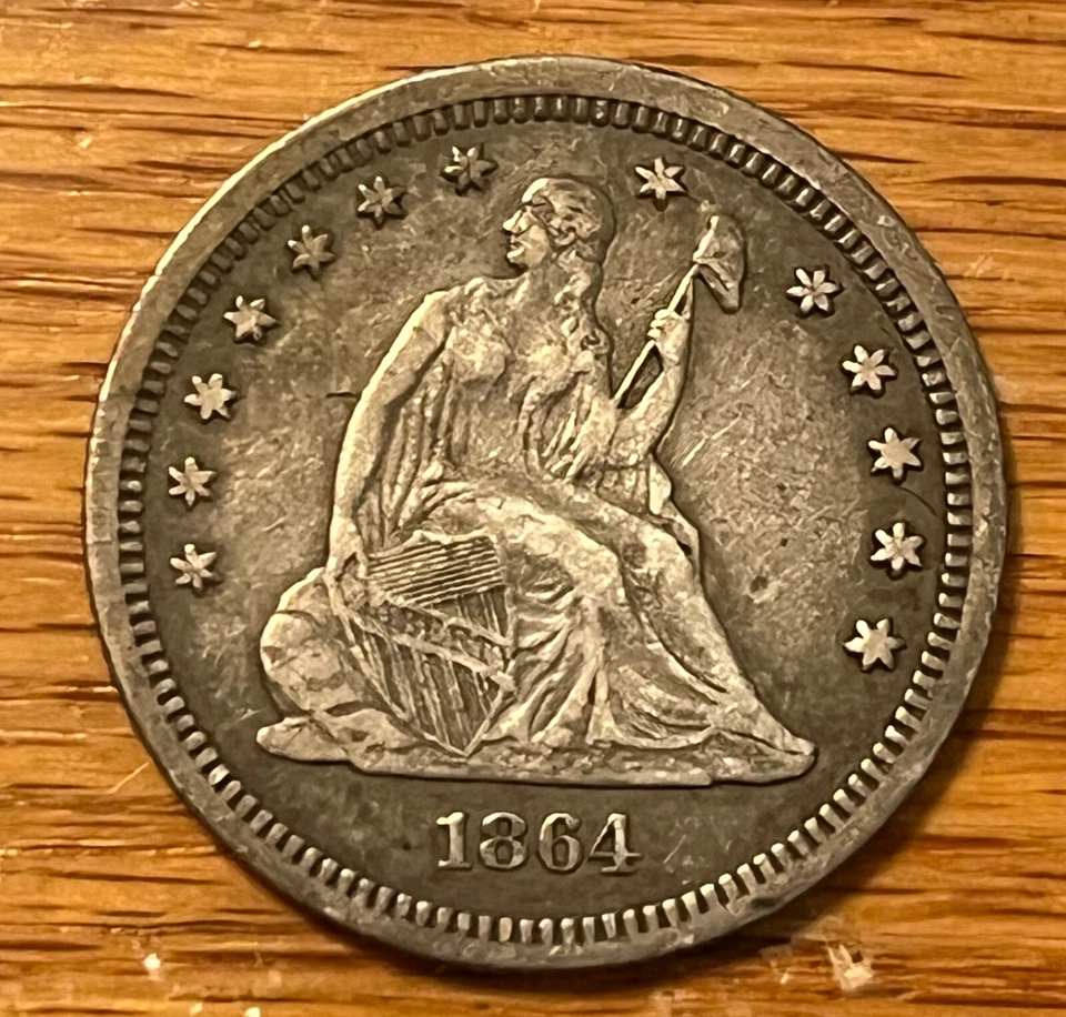 1864 seated Liberty quarter  , XF, a nice original coin , rare date - Image 1 of 4
