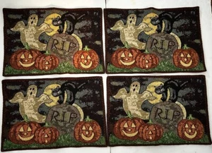 Vintage 4 tovagliette arazzo Halloween fantasma gatto nero luna piena RIP Jack-O-Lantern - Foto 1 di 3