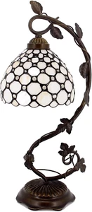 Tiffany Table Lamp Cream Stained Glass Pearl Style Desk Light with Metal Leaf Ba - Picture 1 of 8