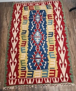 Turkish Wool Tapestry Rug Kilim Wall Hanging 41x66in Geometric Fringe Colorful - Picture 1 of 9
