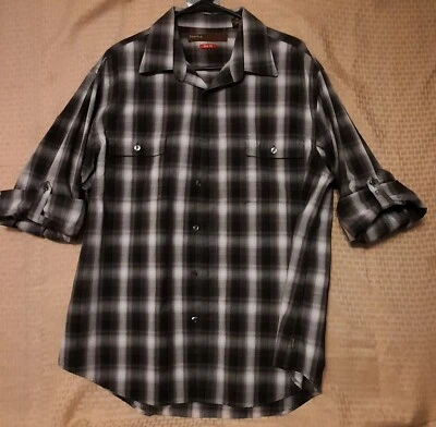 Perry Ellis Button DownShirt Mens XL Black Plaid Dobby Roll Tab Sleeves Foto 1 de 4