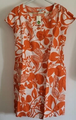 UK 8 R Boden Linen w Pockets Tunic Kaftan Orange White Floral Summer Beach Dress - Image 1 of 4