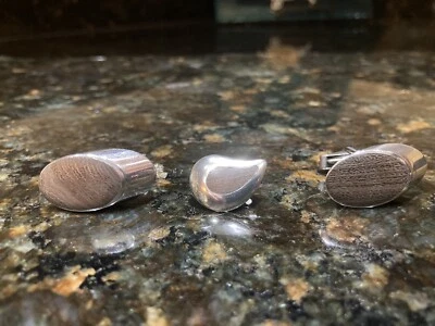 Vintage Modernist Sterling Silver (925) Wood Oval Cufflinks Teardrop Tie Tack - Image 1 of 4