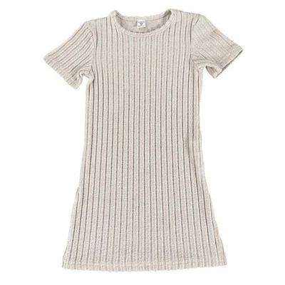 Vestido SHEIN Niños Niñas Tejido Acanalado Manga Corta Línea A Beige Talla 6Y Foto 1 de 4