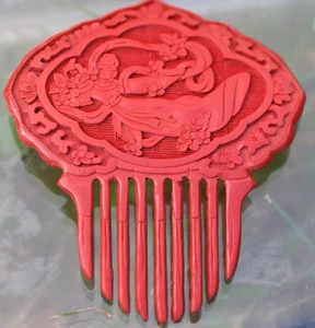 vintage :*Chinese Cinnabar Imperial Kwan Yin Floating Flowers Hair Comb:* Rare - Picture 1 of 8