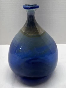 Signed Blue Art Glass Vase Vintage Gradient Neck Studio Blown Collectible - Picture 1 of 7