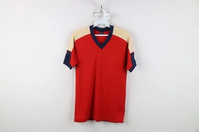 Vtg 70s Streetwear Boys XL Color Block Short Sleeve V-Neck Ringer T-Shirt USA - Image 1 of 4