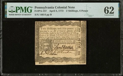 1772 PENNSYLVANIA American Revolution Colonial Currency Bank Note PA-157, PMG 62 - Image 1 of 4
