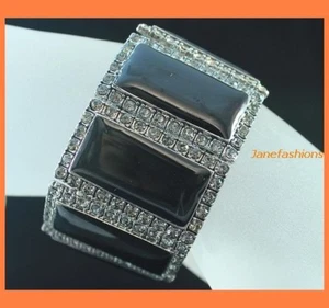 STUNNING GREY BLACK AUSTRIAN RHINESTONE STRETCHY WIDE BRACELET GANGLE - Picture 1 of 1