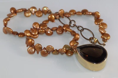 Dina Mackney Vermeil Esterlina Grande Lágrima Gota Topacio Ahumado Cuarzo Collar Perla Foto 1 de 4