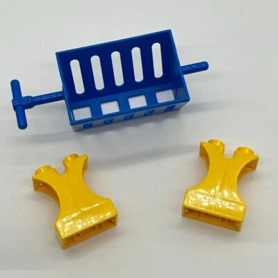 lot of 3 Duplo special parts blue feeder basket with handle & 2 yellow supports - Image 1 of 2