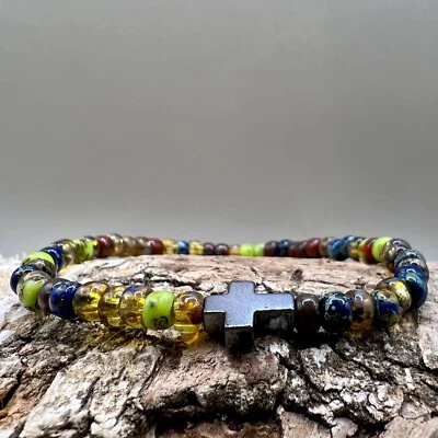 Pulsera religiosa católica cristiana hecha a mano cuentas de rosario hematita y vidrio Foto 1 de 4