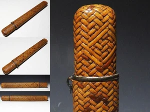 Tubo trenzado japonés antiguo ratán japonés Pipecase Netsuke Inro Sagemono Meiji - Imagen 1 de 7