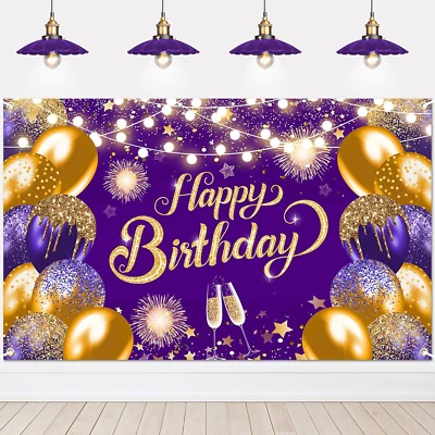 Telón de fondo de feliz cumpleaños dorado púrpura 6X3,6 pies pancarta púrpura para fiesta de cumpleaños... Foto 1 de 4