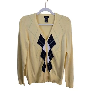 Izod Vintage Butter Yellow Argyle V Neck Academia Preppy Cardigan Sweater Size L - Picture 1 of 5