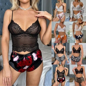 Women Lingerie Sleepwear Satin Silk Babydoll Lace Floral Nightwear Pajamas Set ⇘ - Picture 1 of 27